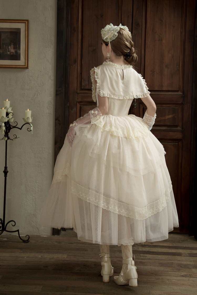 White [Dream by the Pillow] Triple-Layered Ruffled Bow Lace Sweet Elegant Lolita Dress - Product - 10