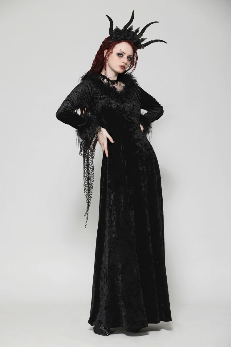 Black Long Sleeves Velvet Lace Women's Gothic Maxi Dress Wedding Dress - Product - 8