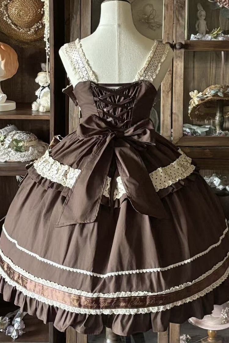 Dark Brown [Panda Gift] Square Collar Sleeveless Ruffled Bow Spliced Asymmetric Sweet Lolita Jsk Dress - Product - 3