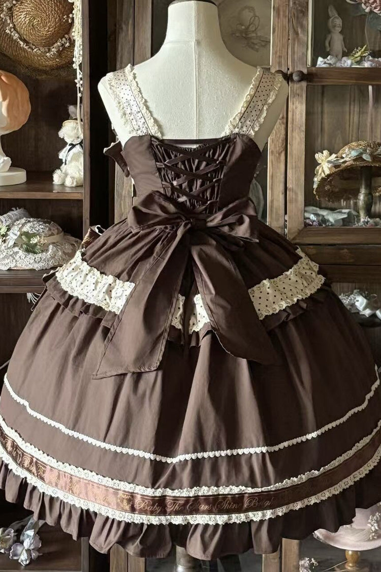 Dark Brown [Panda Gift] Square Collar Sleeveless Ruffled Bow Spliced Asymmetric Sweet Lolita Jsk Dress - Product - 3