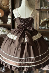 Dark Brown [Panda Gift] Square Collar Sleeveless Ruffled Bow Spliced Asymmetric Sweet Lolita Jsk Dress - Product - 3