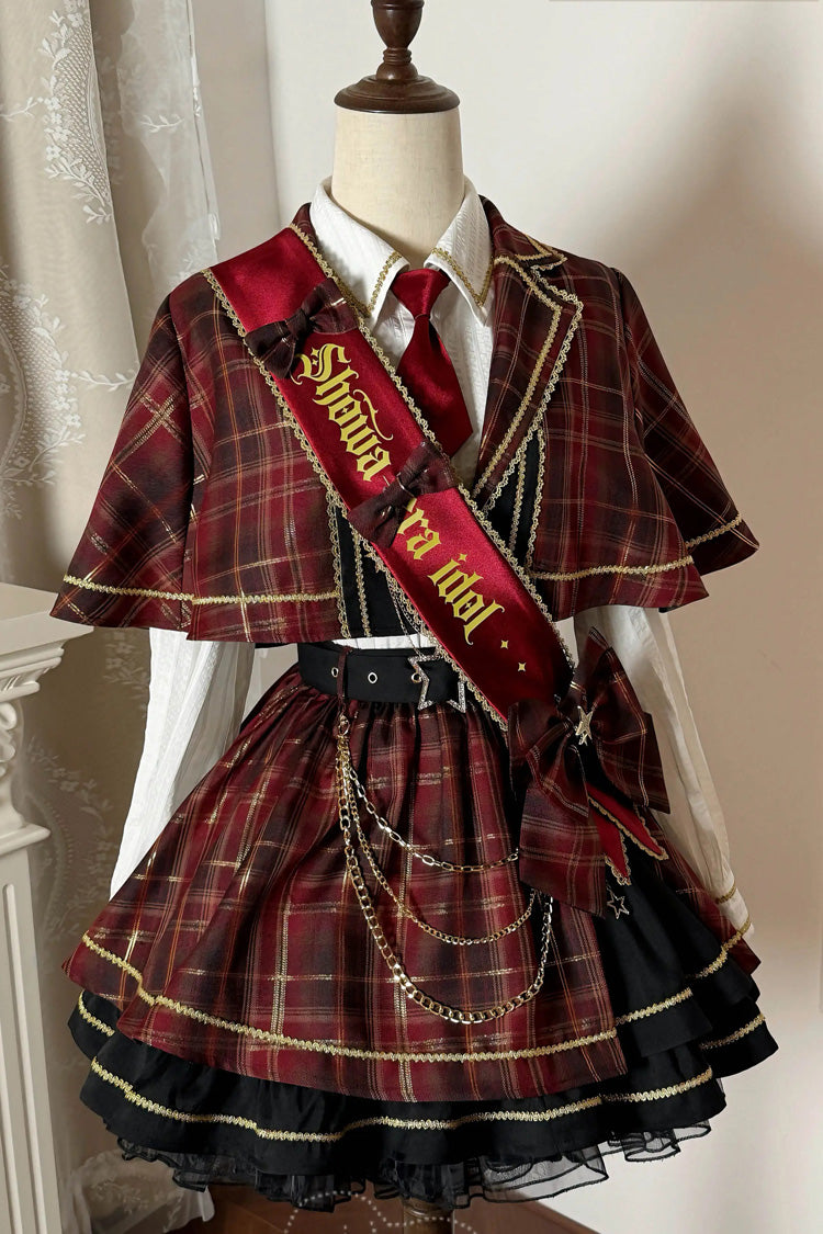 Red [Shōwa Little Idol] Lapel Collar Long Sleeves Ruffled Open-Front Bow Asymmetric Classic Lolita Skirt Set - Product - 4