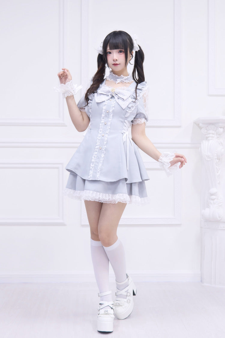 Light Blue [Waltz] Short Sleeves Ruffle Bowknot Gothic Jirai Kei Japanese Dress Set - Product - 2