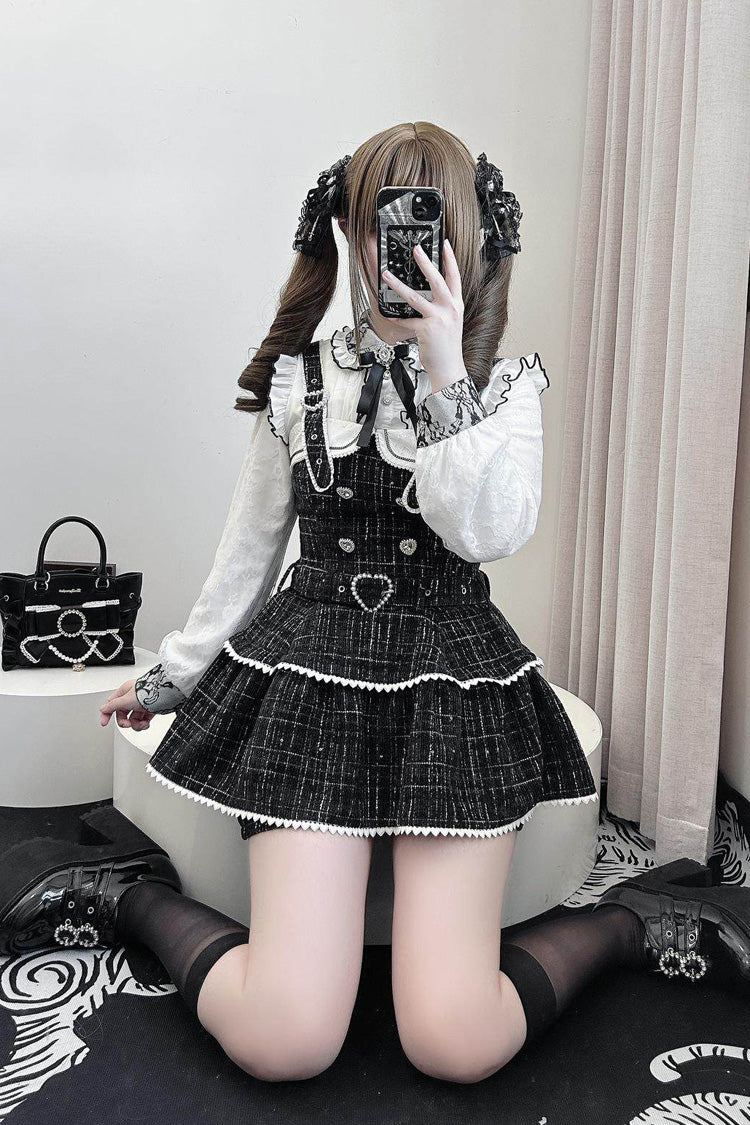 Black Plaid Printed Pearl-Decorated Sweet Jirai Kei Japanese Strap Dress Set - Product - 5