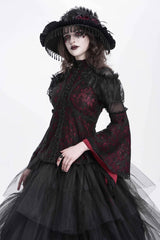 Red Stand Collar Long Trumpet Sleeves Embroidery Stitching Lace Women's Gothic Blouse - Product - 2