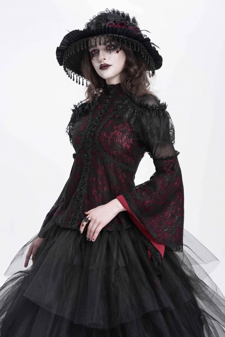 Red Stand Collar Long Trumpet Sleeves Embroidery Stitching Lace Women's Gothic Blouse - Product - 2