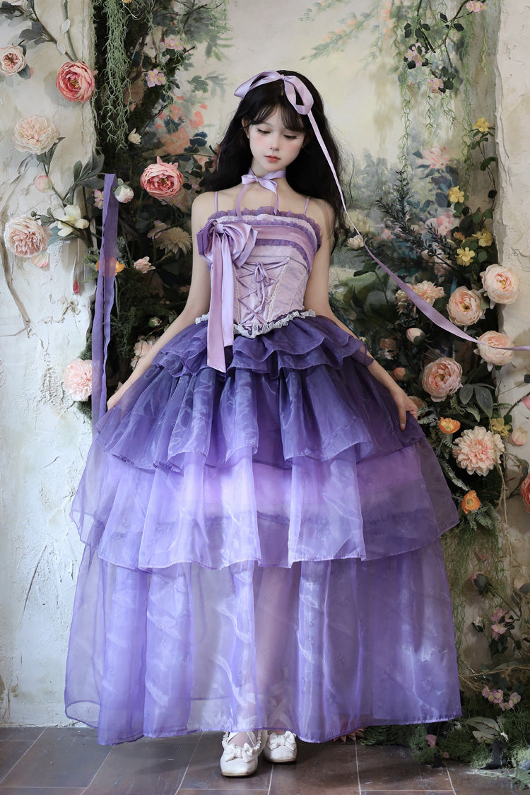 Purple [Lily of the Valley in Falling Snow] Sleeveless Triple-Layered Ruffled Bow Lace-Up Sweet Elegant Lolita Skirt Dress Set - Purple - 1