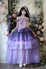 Purple [Lily of the Valley in Falling Snow] Sleeveless Triple-Layered Ruffled Bow Lace-Up Sweet Elegant Lolita Skirt Dress Set - Purple - 1