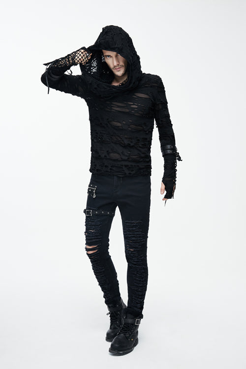 Black Ripped Finger Covered Autumn Hooded Mens Punk T-Shirt - Product - 8