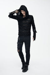 Black Ripped Finger Covered Autumn Hooded Mens Punk T-Shirt - Product - 8