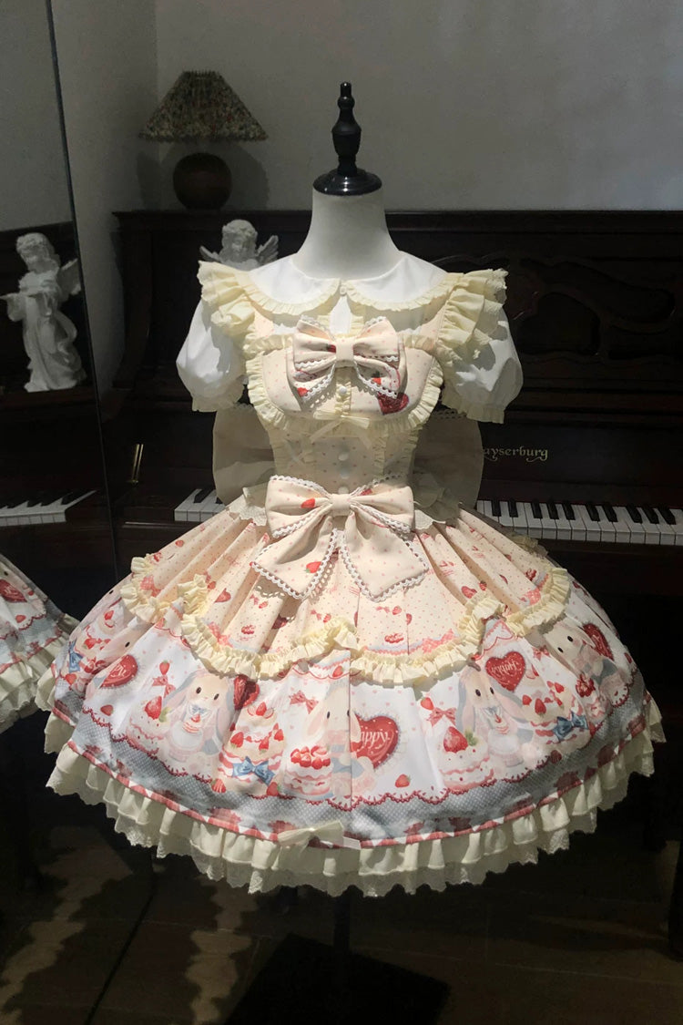 Yellow [Sweet Bunny Party] Square Collar Sleeveless Printed Ruffled Bow Sweet Lolita Jsk Dress Set - Product - 3