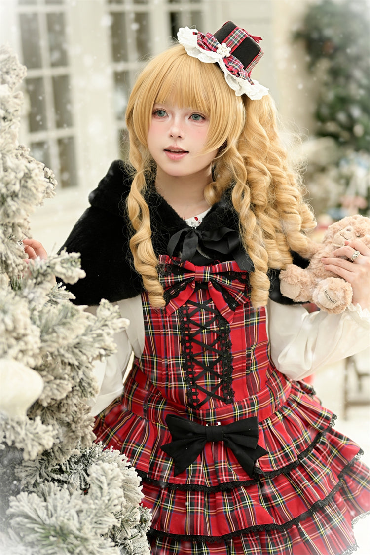 Red [Christmas Velvet Cake] Triple-Layered Printed Ruffled Bow Lace-Up Gothic Elegant Lolita Jsk Dress - Product - 25