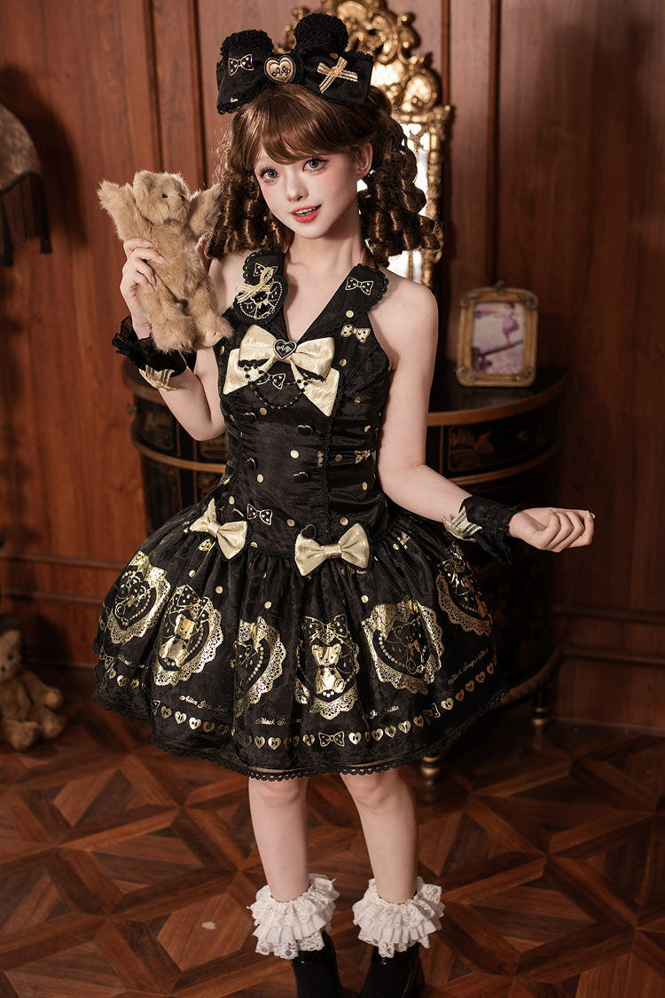 Black/Gold [Sugar Bear] Jacquard Ruffled Bow Lace Sweet Classic Lolita Dress 2 Versions - Black/Gold(JSK) - 8