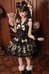 Black/Gold [Sugar Bear] Jacquard Ruffled Bow Lace Sweet Classic Lolita Dress 2 Versions - Black/Gold(JSK) - 8