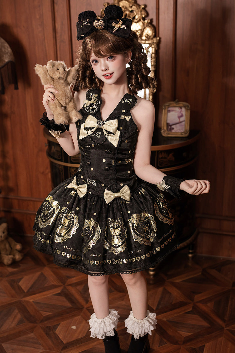 Black/Gold [Sugar Bear] Jacquard Ruffled Bow Lace Sweet Classic Lolita Dress 2 Versions - Black/Gold(JSK) - 8
