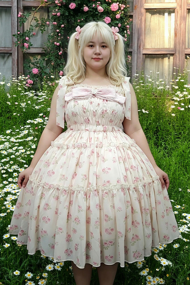 Pink [Rose Maiden] Square Collar Sleeveless Rose Printed Ruffled Bow Lace Plus Size Sweet Lolita Dress - Pink - 1