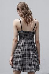 White/Black Plaid Front Chest Bow Decoration Women's Punk Slip Dress - Product - 3