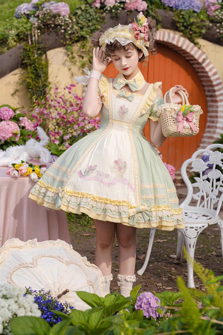 Green Short Sleeves Tulip Print Ruffle Bowknot Sweet Lolita Dress - Product - 7