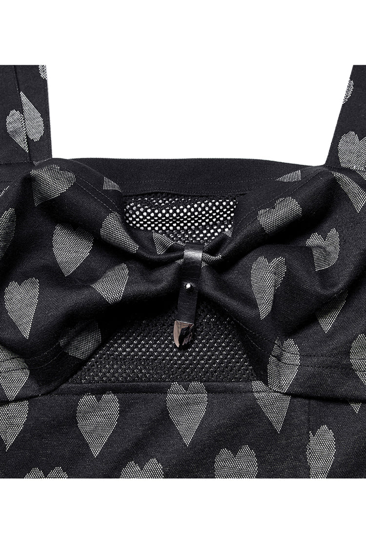 Black/Grey Heart Print Pattern Suspender Hollow Mesh Metal PU Buckle Bow Design Sleeveless Women's Punk Dress - Product - 8