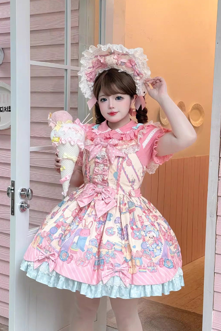 Cream Yellow [Rainbow Buffy Bunny] Sleeveless Double-Layered Ribbon Doll Printed Ruffled Bow Sweet Lolita Jsk Dress Set - Cream-Yellow - 1