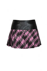 Black/Pink Women's Punk Grunge Zippered Faux Leather Spliced Plaid Pleated Mini Skirt - Product - 12