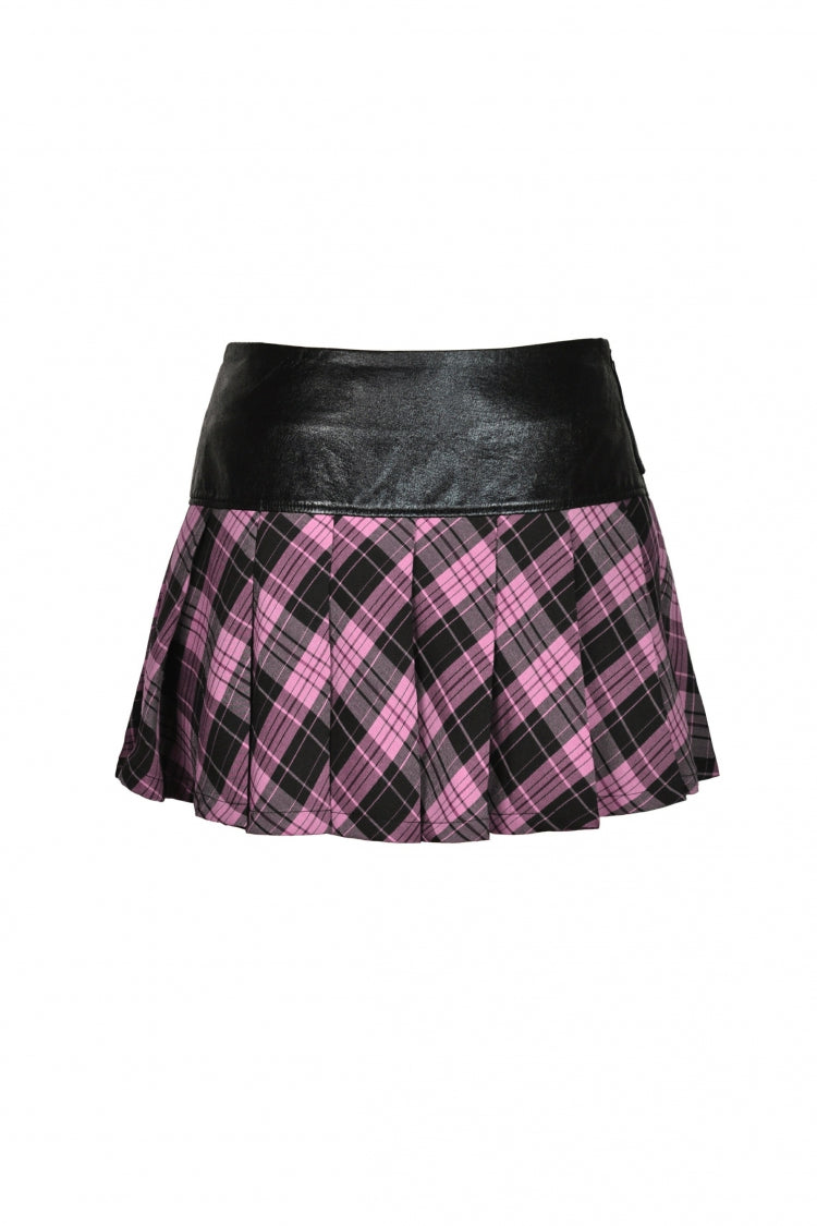 Black/Pink Women's Punk Grunge Zippered Faux Leather Spliced Plaid Pleated Mini Skirt - Product - 12