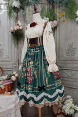 Green [Ode to Plenty] Berries and Birds Print Ruffle Bowknot Velvet Classic Lolita Breast Support Jsk Dress - Product - 9