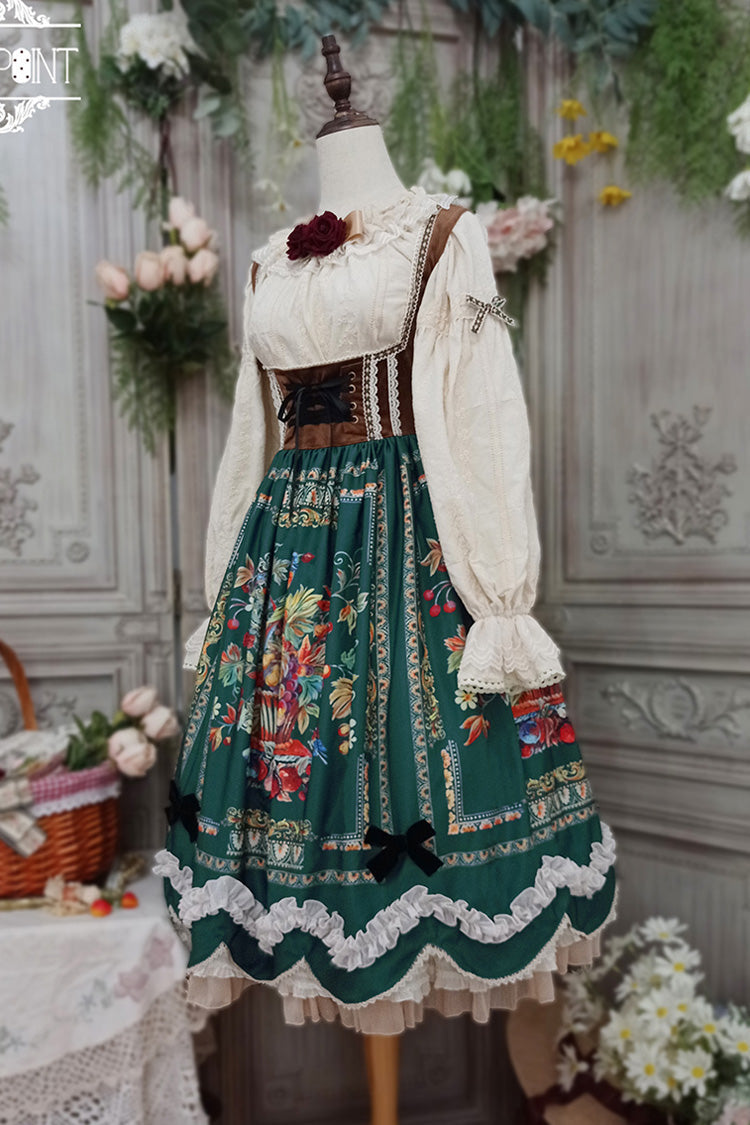 Green [Ode to Plenty] Berries and Birds Print Ruffle Bowknot Velvet Classic Lolita Breast Support Jsk Dress - Product - 9