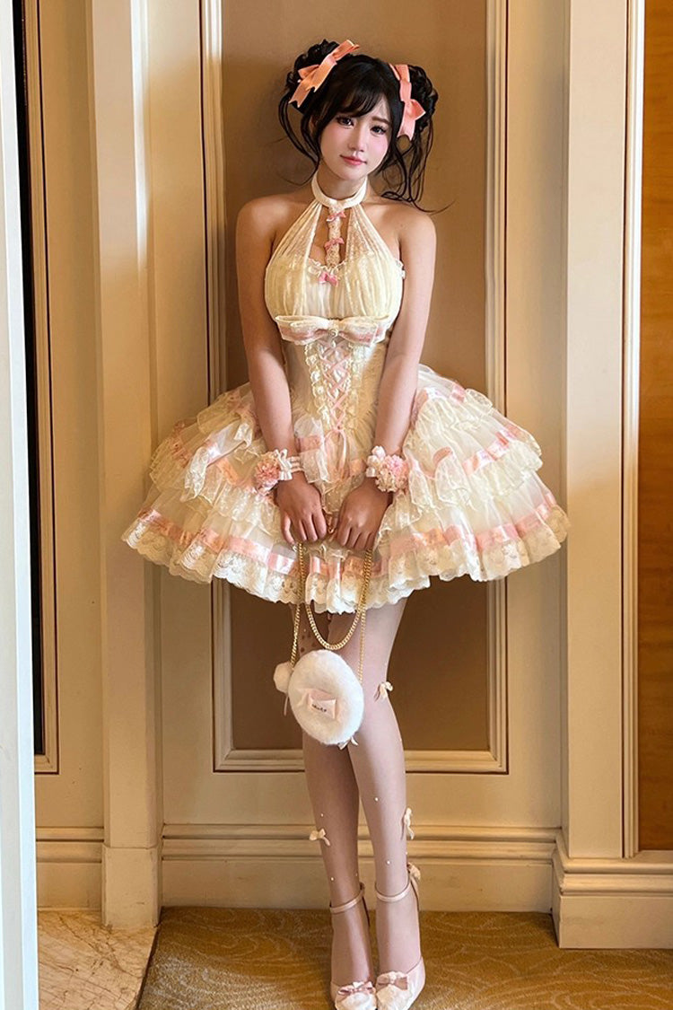 Beige [Ballet Dream] Halterneck Triple-Layered Ruffle Bowknot Lace-Up Sweet Princess Lolita Dress - Product - 3