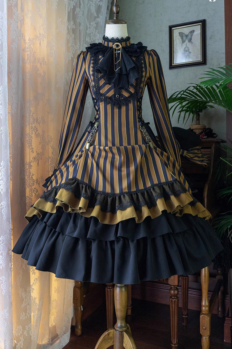 Point Manor Stand Collar Long Sleeves Multi-layer Striped Print Ruffle Gothic Lolita Dress 4 Colors - Yellow - 8