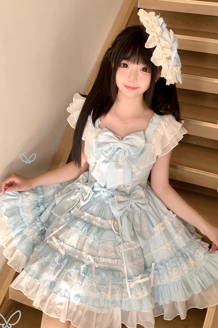 Blue [Snow Top Doll] Sleeveless Multi-Layered Ruffled Bow Lace Princess Sweet Lolita Tiered Dress - Product - 6
