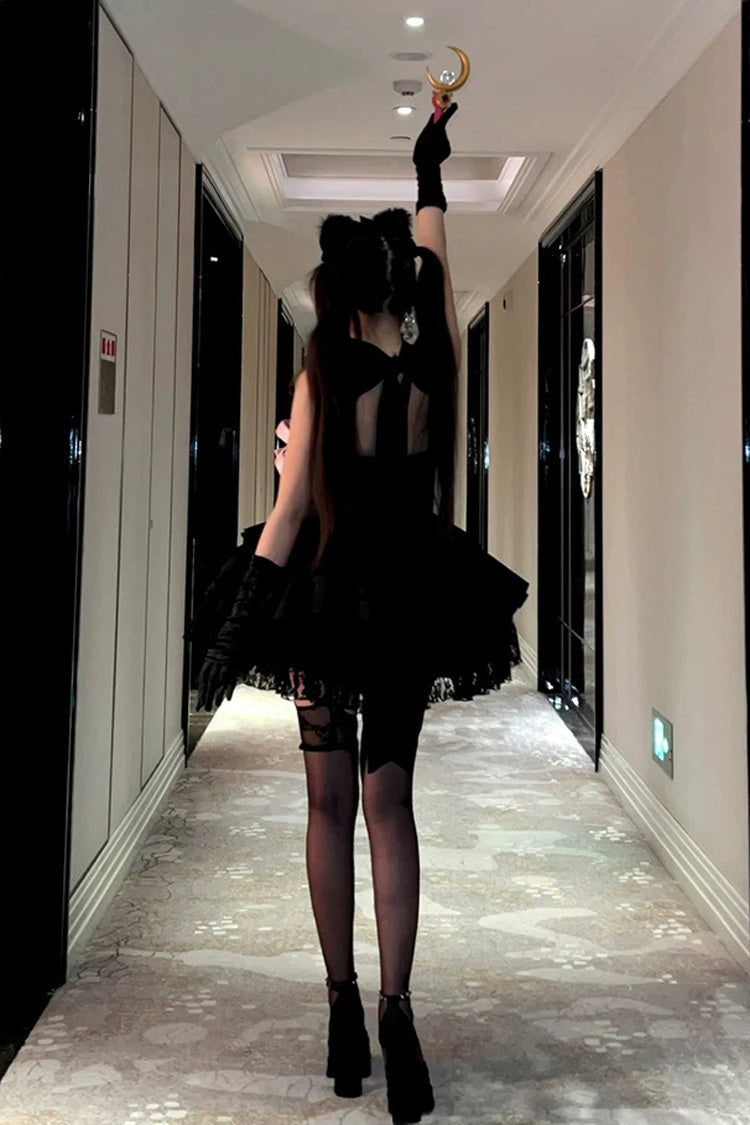 Black [Kitten Sweetheart] Multi-Layered Ruffled Bow Lace-Up Princess Ballet Gothic Lolita Jsk Dress - Product - 7