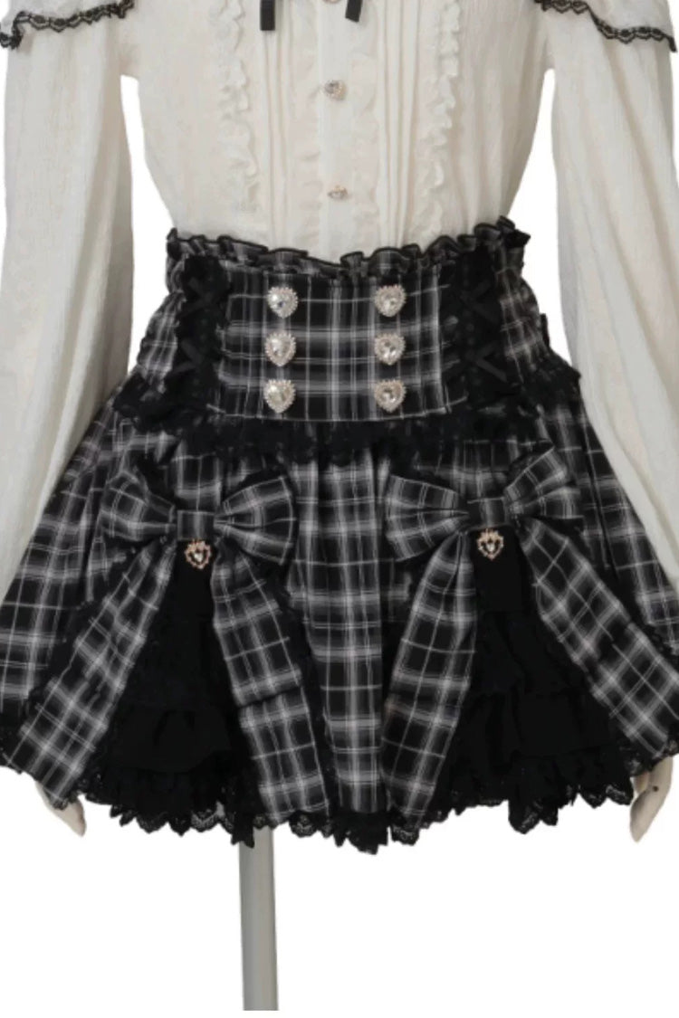 Jirai Kei Plaid Printed Ruffled Bow Gothic Japanese Lolita Skirt 3 Colors - Black-Plaid - 1