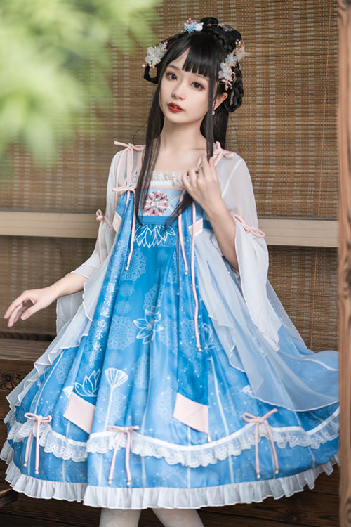 Original Chinese Han Elements Improved Lotus Print Sweet Hanfu Dress Full Set - Blue - 5