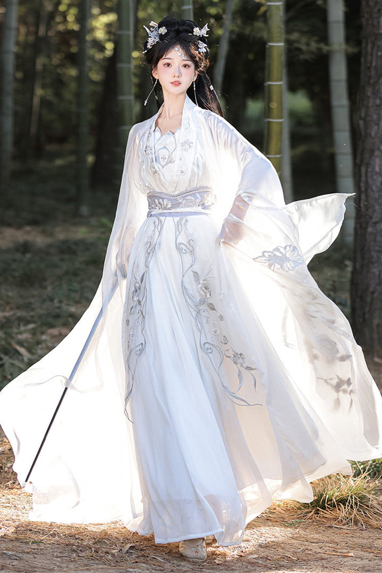White [Silver Moon] High Waisted Embroidered Women's Classic Hanfu Dress Full Set - White - 1