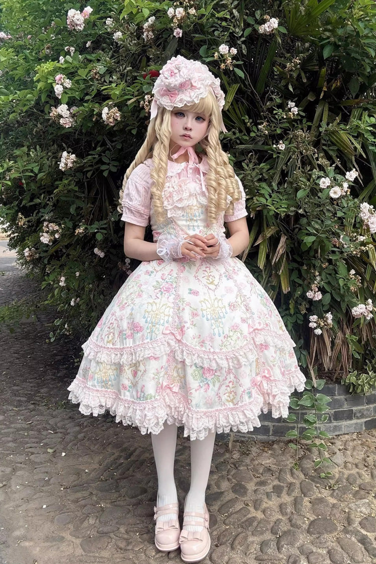 White/Pink Sleeveless Flower Wall Print Ruffle Bowknot Lace Sweet Lolita Jsk Dress - Product - 22