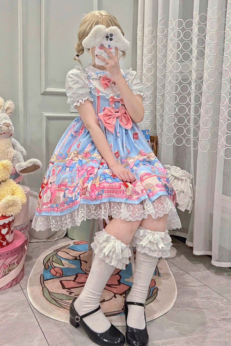 Blue/Pink Doll Playground Print Ruffle Bowknot Sweet (Dress Only) detail view 2