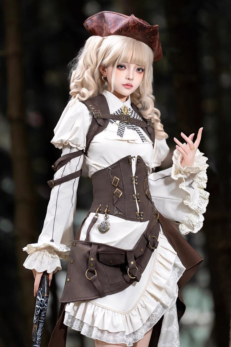 White/Brown [Time Capsule Pirate Style] Long Sleeves Ruffled Irregular Gothic Vintage Elegant Lolita Skirt Set - Product - 2
