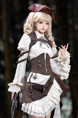 White/Brown [Time Capsule Pirate Style] Long Sleeves Ruffled Irregular Gothic Vintage Elegant Lolita Skirt Set - Product - 2