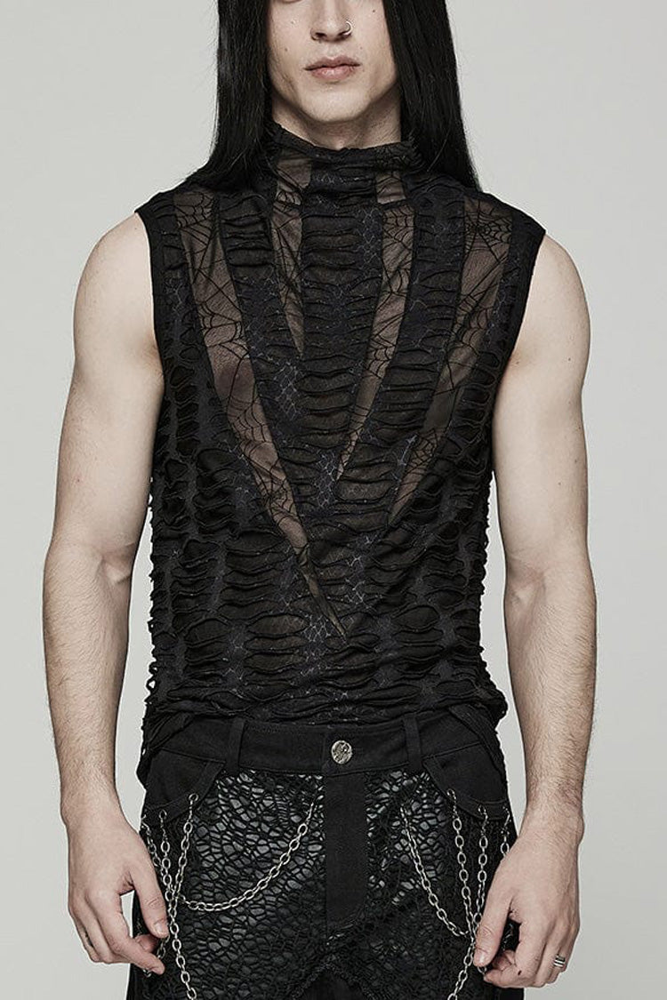 Black High Collar Hollow Spider Mesh Ripped Asymmetric Mens Gothic Vest - Black - 1