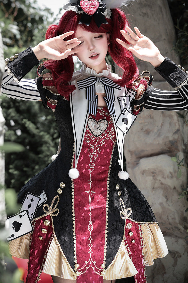 Black/Red [Circus Fantasy Night] Stand Collar Long Sleeves Jacquard Bow Gothic Lolita Dress Set - Product - 7