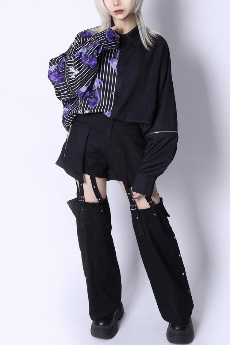 Black Gothic Jirai Kei Japanese Detachable Leg Shorts Set - Black - 1