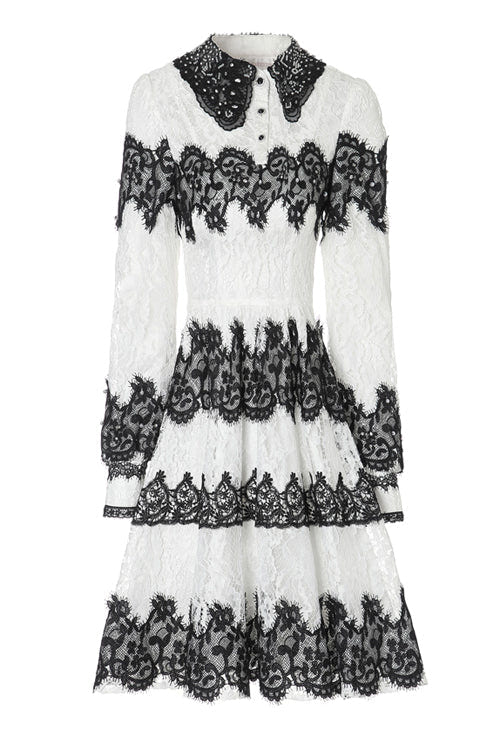 Black/White Lace Pearl Embroidered Doll Collar Long Sleeves High Waisted Sweet Lolita OP Dress - Product - 6