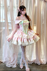 Pink [Tulip Love Song] Boat Neck Double-Layered Ruffle Bowknot Lace Lace-Up Romantic Sweet Princess Lolita Dress - Product - 7