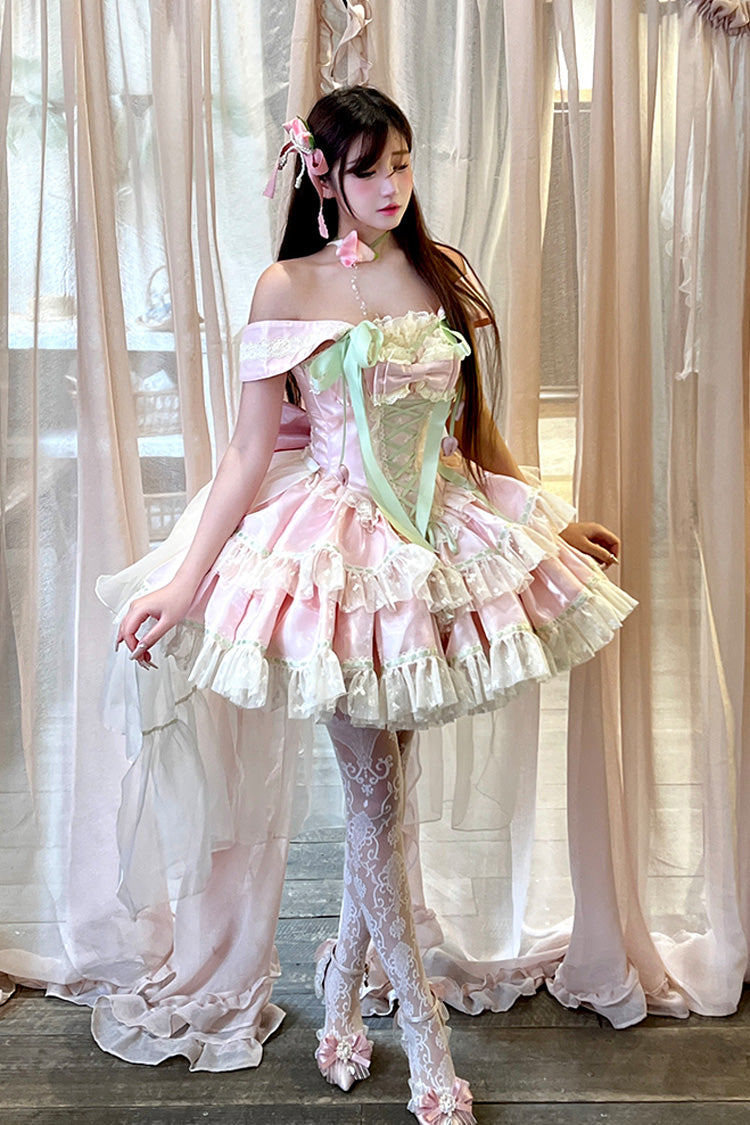 Pink [Tulip Love Song] Boat Neck Double-Layered Ruffle Bowknot Lace Lace-Up Romantic Sweet Princess Lolita Dress - Product - 7