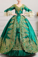 Multi-Layer Half Sleeves Trumpet Sleeves High Waisted Hollow Embroidery Floral Print Ruffled Victorian Lolita Prom Dress - Green - 1