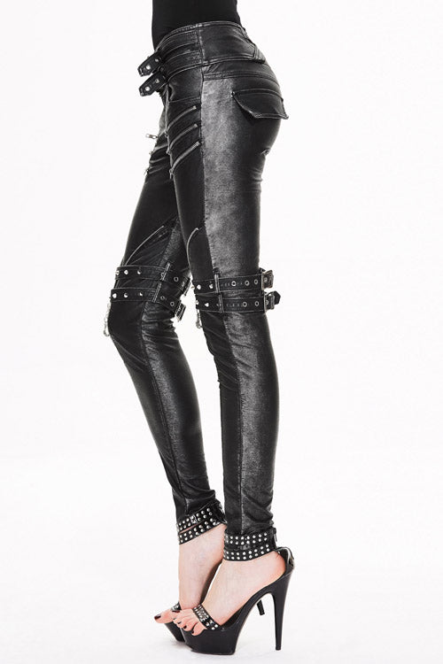 Black Punk Winter False Boots Hand Rubbed Leather Womens Pants - Product - 2