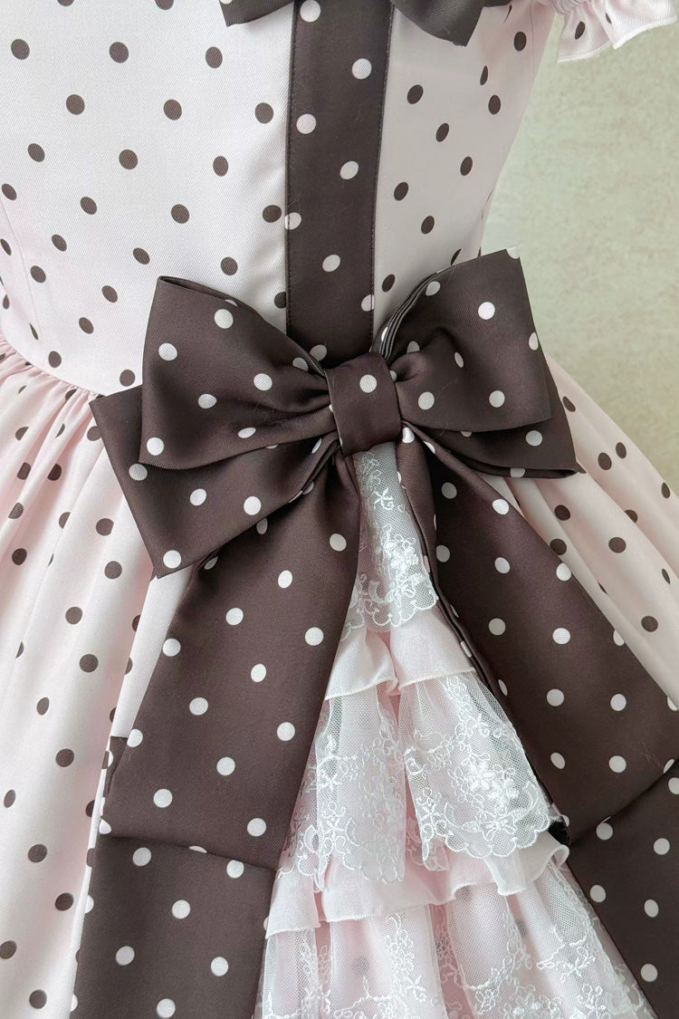 Pink [Canelé Gift Box] Round Collar Short Sleeves Double-Layered Printed Polka Dot Ruffled Open-Front Bow Asymmetric Sweet Lolita Dress Version 2 - Product - 5