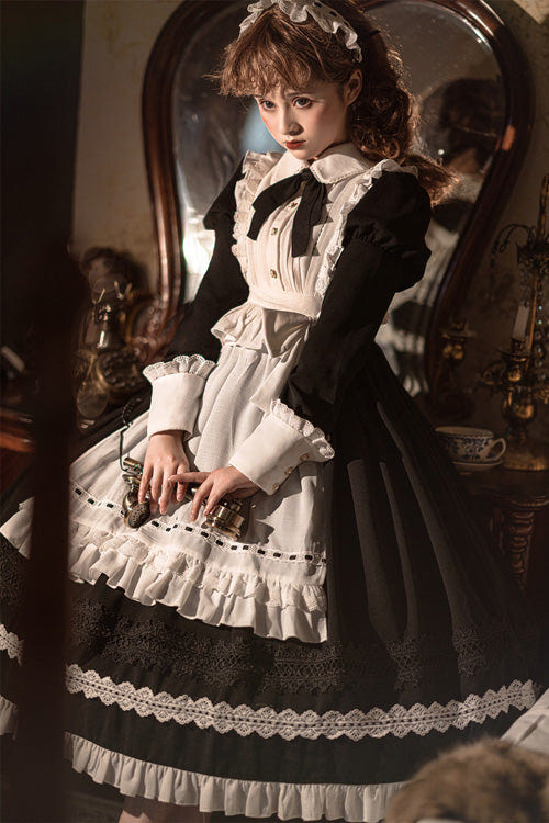 Black Lapel Collar Bowknot Long Sleeves Ruffled Sweet Lolita Maid OP Dress (Apron is included) - Product - 5