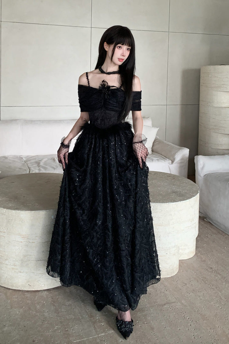 Black [Swan] Off Shoulder Jacquard Embroidered Bow Gothic Lolita Jsk Dress - Product - 3